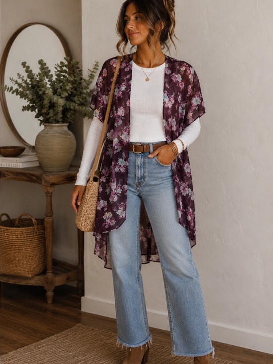 American Eagle Outfitters Tops - American Eagle Outfitters Plum Floral Sheer Wrap